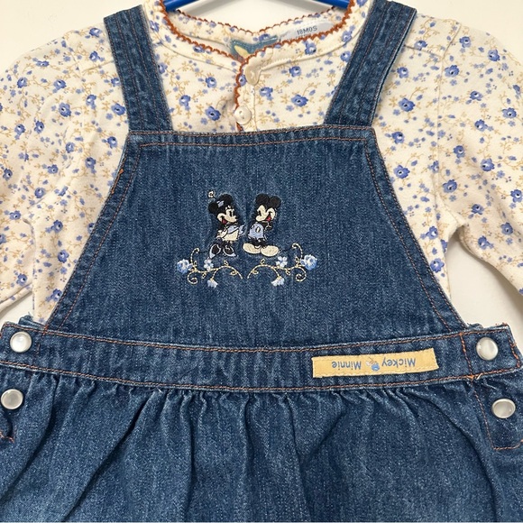 Vintage Disney Mickey and Minnie Mouse 2 pc Set Denim Overalls Dress and Onesie - Picture 3 of 9